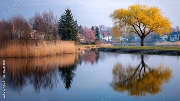 Fototapeta Autumn trees reflecting on calm lake with houses in background  