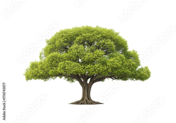 Obraz Mature tree with vibrant green canopy, gnarled trunk, exposed roots, isolated on transparent background, ample copy space, soft light, Concept of serene natural vitality