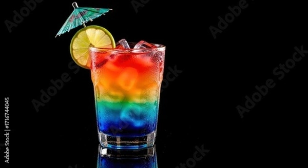 Fototapeta Rainbowcolored cocktail in a glass with a lime slice and a paper umbrella