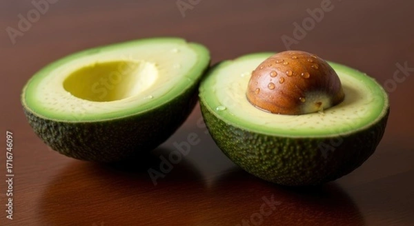 Fototapeta Sliced avocado halves with pit droplets on brown wood surface