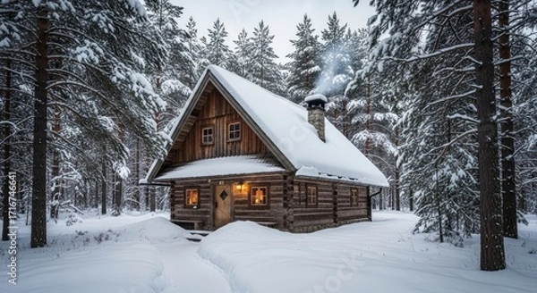 Fototapeta Snowy log cabin with smoke rising from chimney nestled in snowcovered forest
