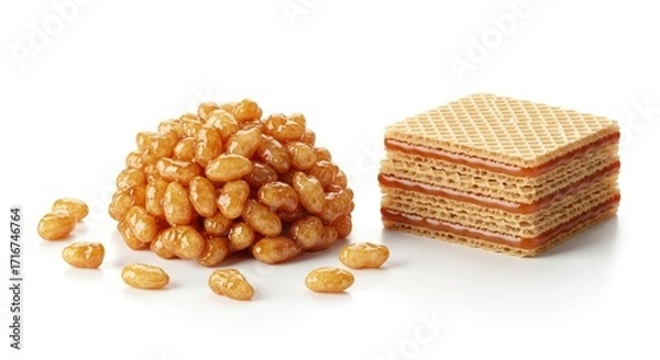 Fototapeta Stacked puffed grains beside a wafer with caramel filling on a white surface