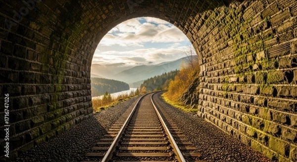 Fototapeta Stone tunnel frames train tracks curving towards mountains under a cloudy sky
