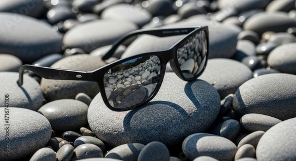 Fototapeta Sunglasses rest on smooth gray rocks reflecting the rocky beach setting