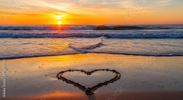 Fototapeta Sunset at beach with a heart drawn in the wet sand
