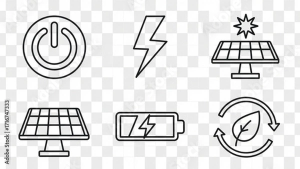 Fototapeta Sustainable energy icons showing power, lightning, solar panels, battery charging, and recycling leaf promoting clean energy solutions for a greener future