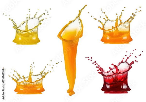 Obraz Vibrant yellow, orange, red fruit juice splashes frozen in dynamic high-speed against a transparent background with copy space, concept for beverage advertising
