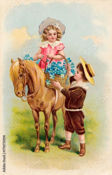 Obraz Cheerful Vintage Postcard: Children with Pony and Basket of Forget-Me-Nots (Circa 1900)