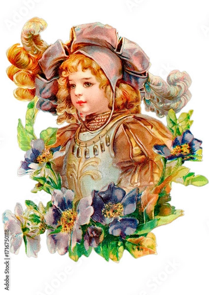 Obraz Vintage Die-Cut Bookmark: Cherubic Child in Ornate Armor and Floral Frame