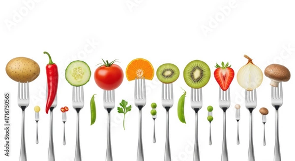 Obraz A row of polished stainless steel forks impale vibrant fresh produce including potato, chili, tomato, kiwi, and strawberry on a transparent background with copy space, concept of healthy eating and