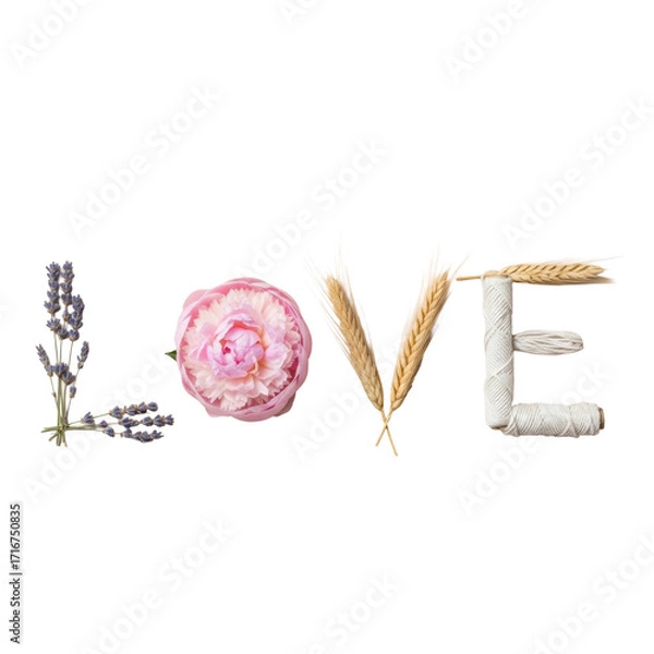 Obraz Natural elements spell "LOVE": lavender, pink peony, wheat, twine on light beige, soft studio light, high-key flat lay, photorealistic, romantic and pure