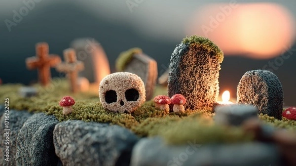 Fototapeta Miniature Halloween Graveyard Scene with Textured Skull, Mossy Gravestones, Red Mushrooms, and Candlelight