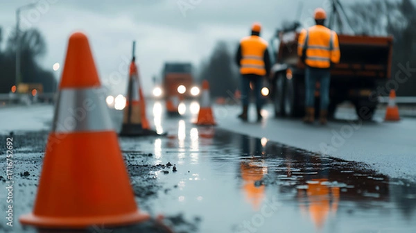 Fototapeta Road work on a rainy day. Traffic cones mark the wet pavement where workers perform maintenance, a truck in the background. Safety is key.