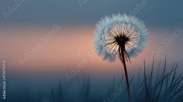 Fototapeta Backlit Dandelion Seed Head with Dew Drops Against Soft Gradient Sky