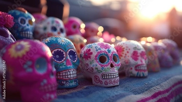 Fototapeta Vibrantly Decorated Sugar Skulls Lined Up with Warm Bokeh Lights
