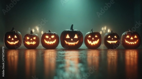 Fototapeta Spooky Halloween Background With Glowing Jack-o'-Lanterns Lined Up In A Dimly Lit Room For An Eerie Autumn Celebration