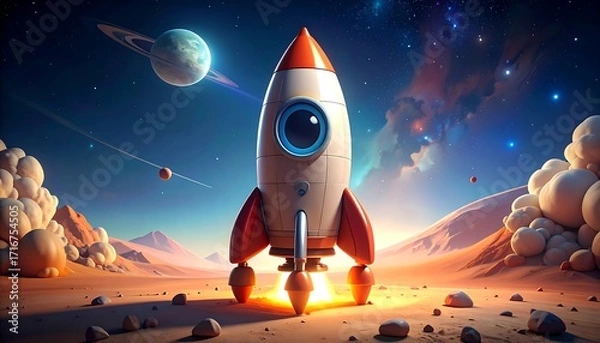 Fototapeta A cartoon rocket launches from a desert planet, bursting with vibrant colors against a starry night sky and cosmic landscape.