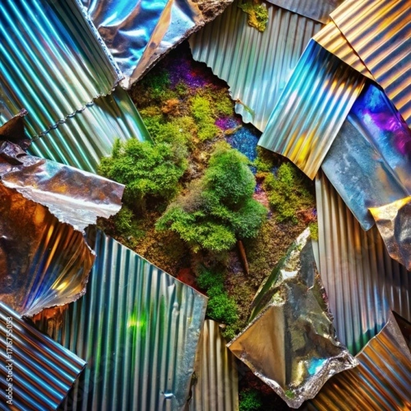 Fototapeta Mossy nature scene framed by shiny, jagged metallic pieces, vibrant and colorful background