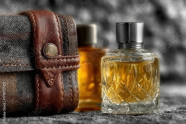 Fototapeta Luxury Perfume Bottles with Leather Wallet on Rustic Surface