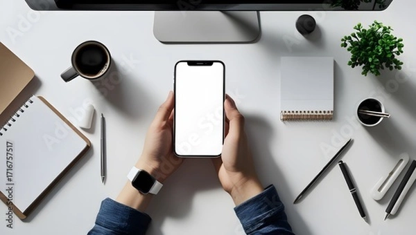 Fototapeta Photorealistic Office Setup with Phone, Smartwatch, and Plant
