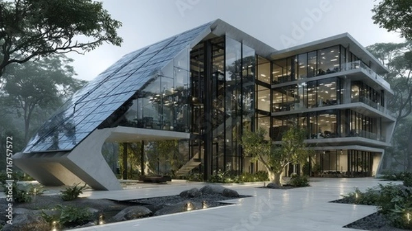 Fototapeta Modern multi-story glass and concrete building surrounded by trees