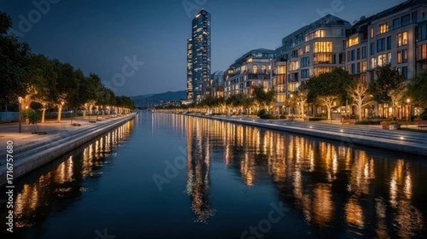 Fototapeta Night city skyline reflected in a calm river with illuminated buildings and trees