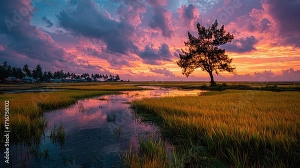 Fototapeta Serene sunset over a flooded marsh with a solitary tree and colorful sky