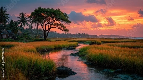 Fototapeta Serene Sunset Over Rice Fields with a Meandering Stream
