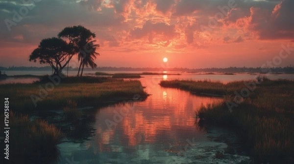 Fototapeta Serene Sunset Over a Wetland with Trees and Reflected Sky