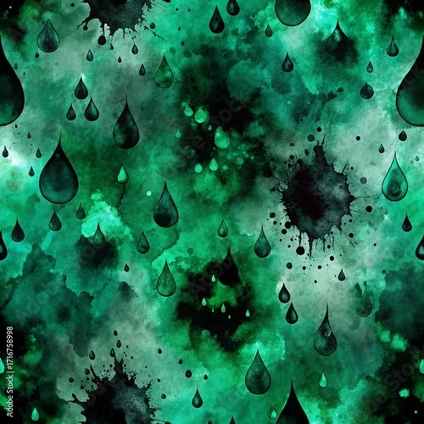Fototapeta Emerald, teal watercolor droplets cascade, mingling with dark blots in an artistic splatter seamless pattern