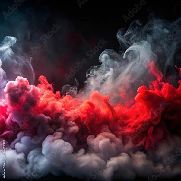 Fototapeta Red, white, and blue smoke swirls against black. Ethereal and abstract, forming a dramatic backdrop