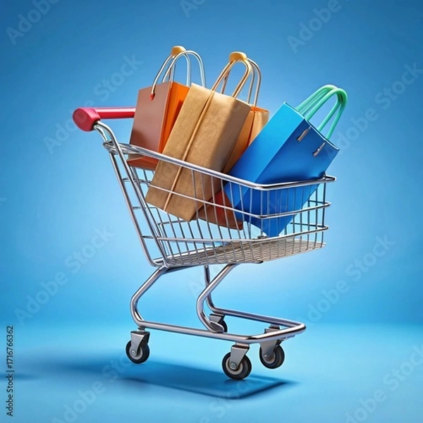 Fototapeta Shopping cart full of colorful paper bags against a solid blue background