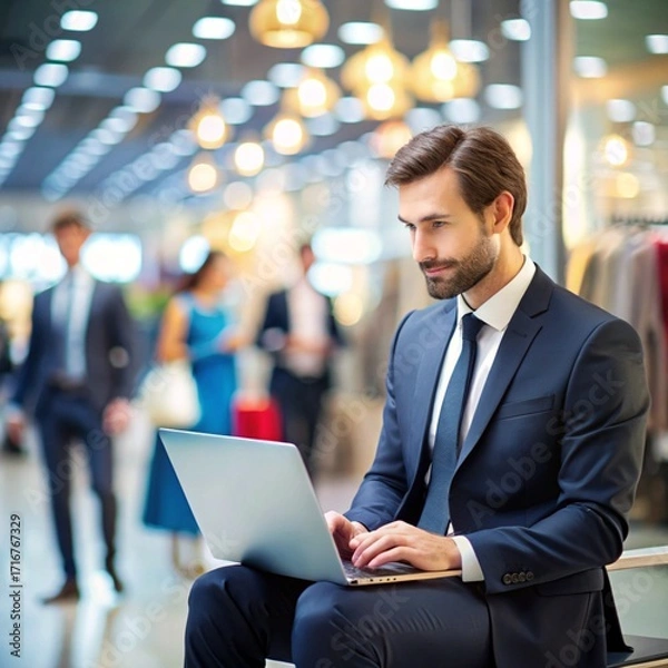 Fototapeta Man in suit working on laptop in busy, bright public space with blurred figures