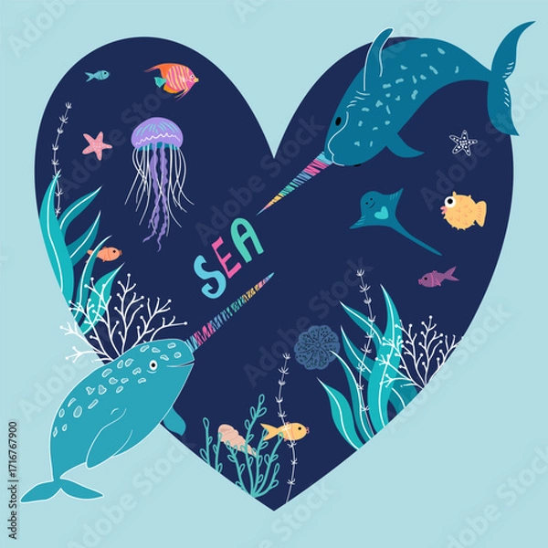 Fototapeta Colorful marine illustration in a heart shape featuring narwhals, fish, jellyfish, corals, sea plants, starfish and playful text “SEA,” symbolizing love for the ocean, nature and underwater life.