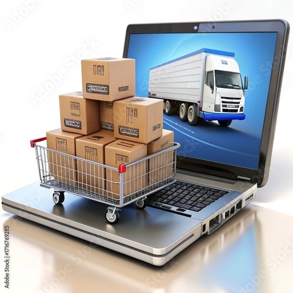 Fototapeta Online shopping. Cart with boxes on laptop screen shows delivery truck