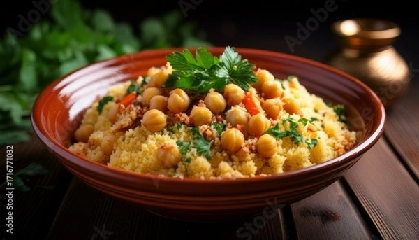 Fototapeta A Vibrant Bowl Of Moroccan Couscous With Chickpeas And Herbs Sits On A Dark Wooden Surface Radiating Warmth