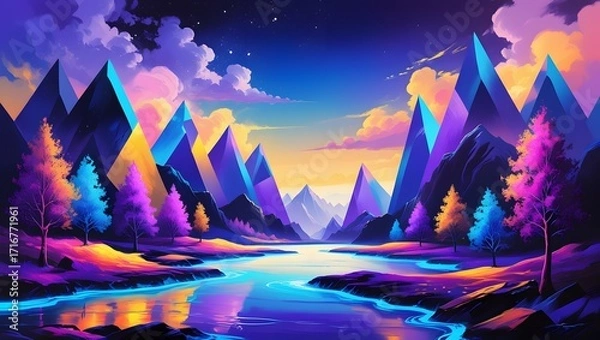 Fototapeta Modern Artistic Gradient Sky with Surreal Geometric Mountains
