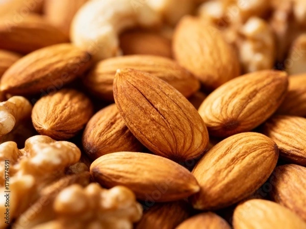 Fototapeta A close-up view of almonds and walnuts, showcasing their rich textures and colors, arranged together as a healthy snack option.