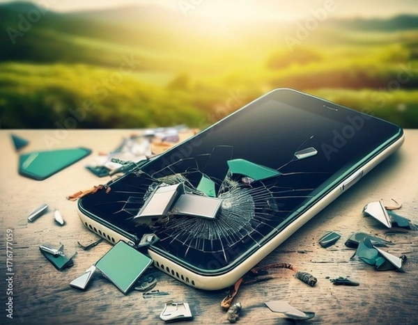 Fototapeta old recycling mobile smartphone break trash electronic junk device garbage