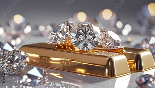Fototapeta Luxury Still Life Featuring Diamonds and Gold Bars with Reflection
