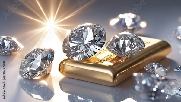 Fototapeta Sparkling Diamonds and Smooth Gold Bars on Neutral Background
