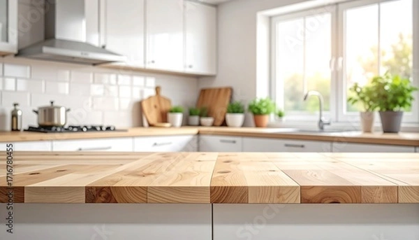 Fototapeta A light-filled modern kitchen's wooden countertop, showcasing a blurred background with white cabinets, fresh greenery, and natural light streaming through a large window.