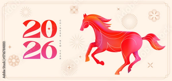 Fototapeta Chinese new year 2026 year of the Horse. Modern Red Horse illustrations with color gradient. Traditional Chinese design for Lunar New Year