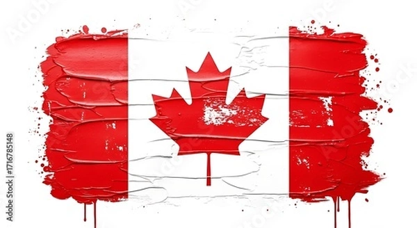 Fototapeta Artistic textured canadian flag with maple leaf and red splatters