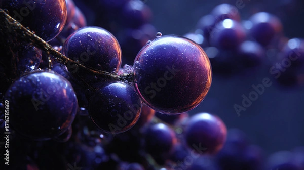 Fototapeta Macro view of shiny purple grapes with water droplets