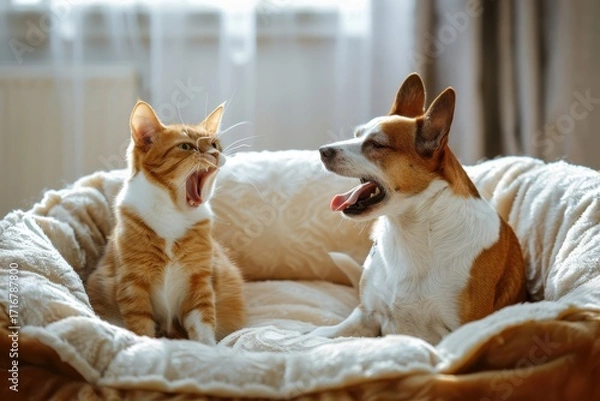 Fototapeta Dog and cat eye each other while sharing bed, showing tension and adjusting in shared home space.