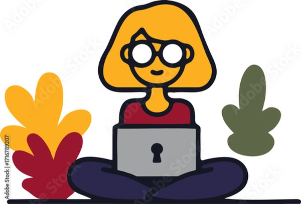 Fototapeta a cartoon character with a short yellow hair and glasses sitting on a desk with a laptop.