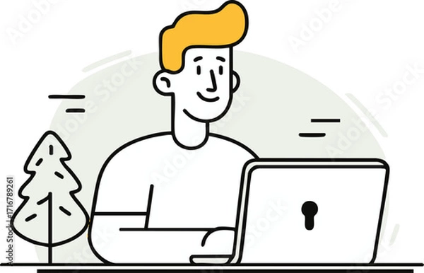 Fototapeta a line drawing of a man with a yellow hat sitting at a computer