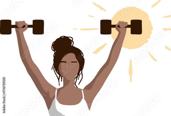 Fototapeta a silhouette of a woman lifting two dumbbells against a bright sun background