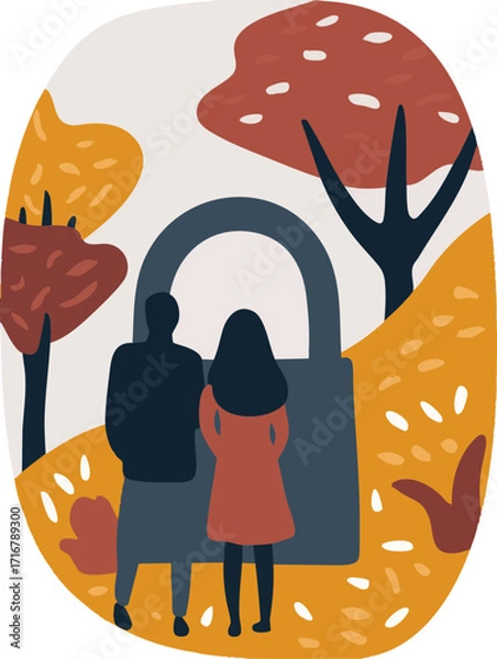 Fototapeta a silhouette of a man and a woman standing together in a circle surrounded by colorful shapes